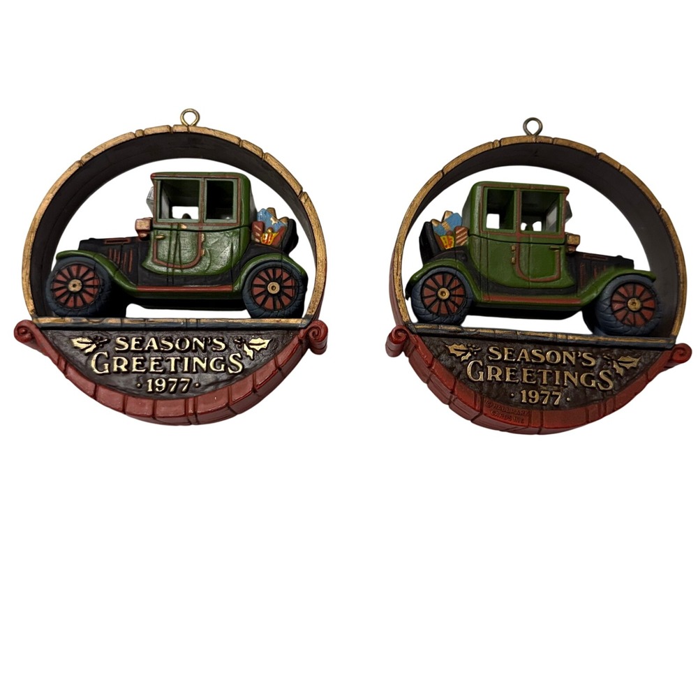 Vintage Hallmark 1977 Seasons Greetings Antique Car Ornament Set of 2